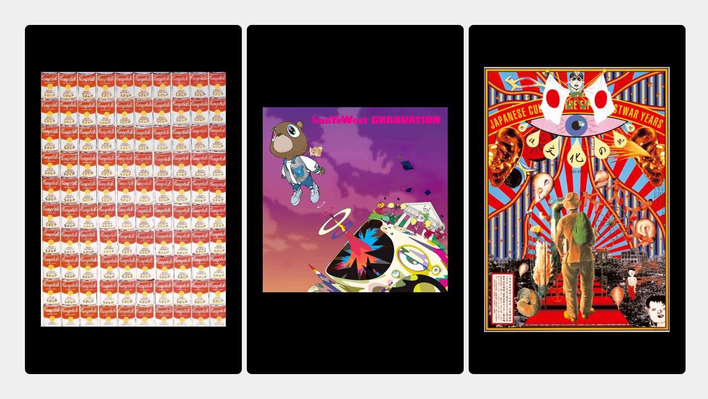 Сто банок с супом «Кэмпбелл», обложка альбома Kanye West Graduation и плакат Таданори Йоко как примеры поп-арта