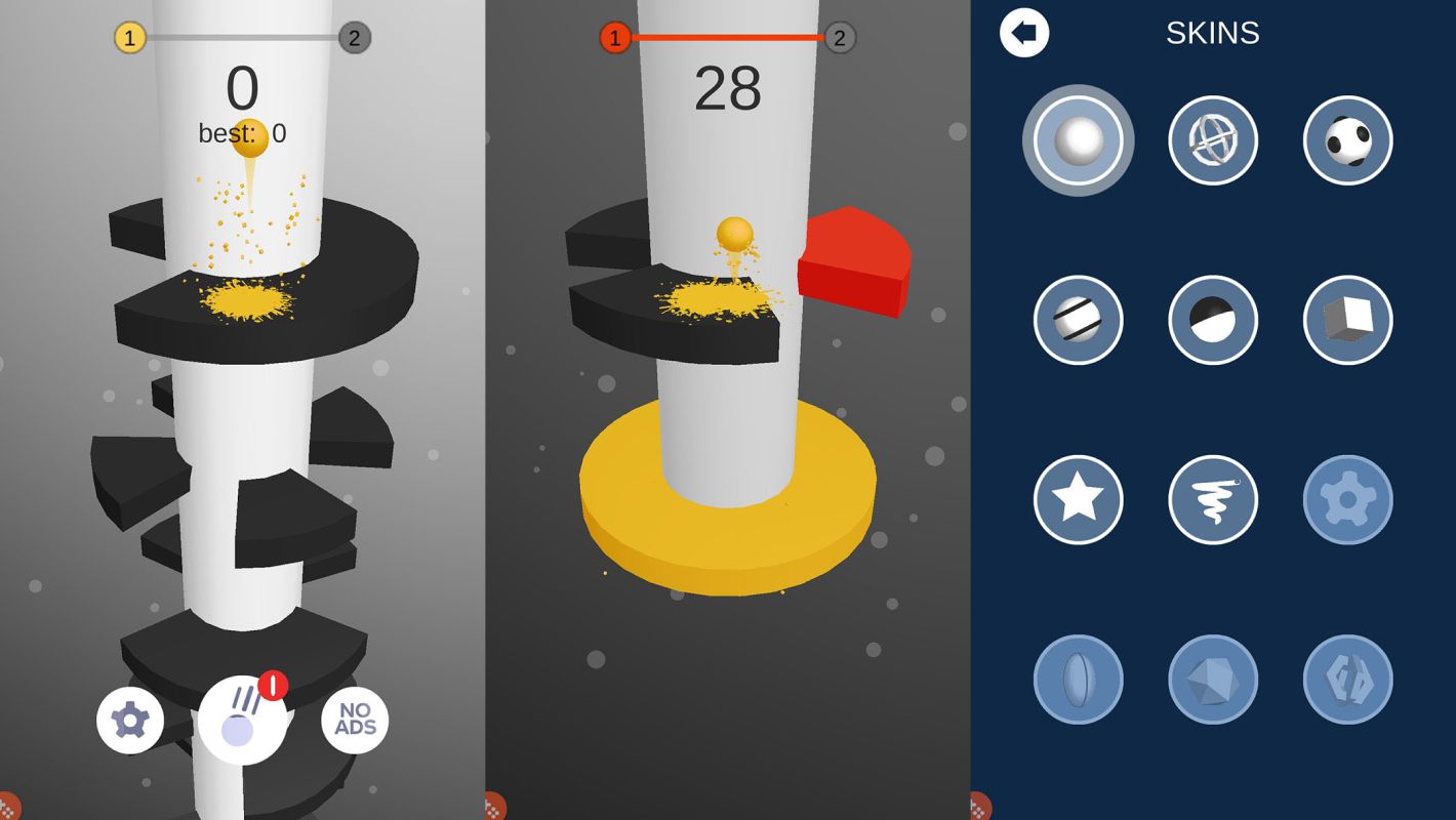 Интерфейс главного экрана и уровней в игре Helix Jump