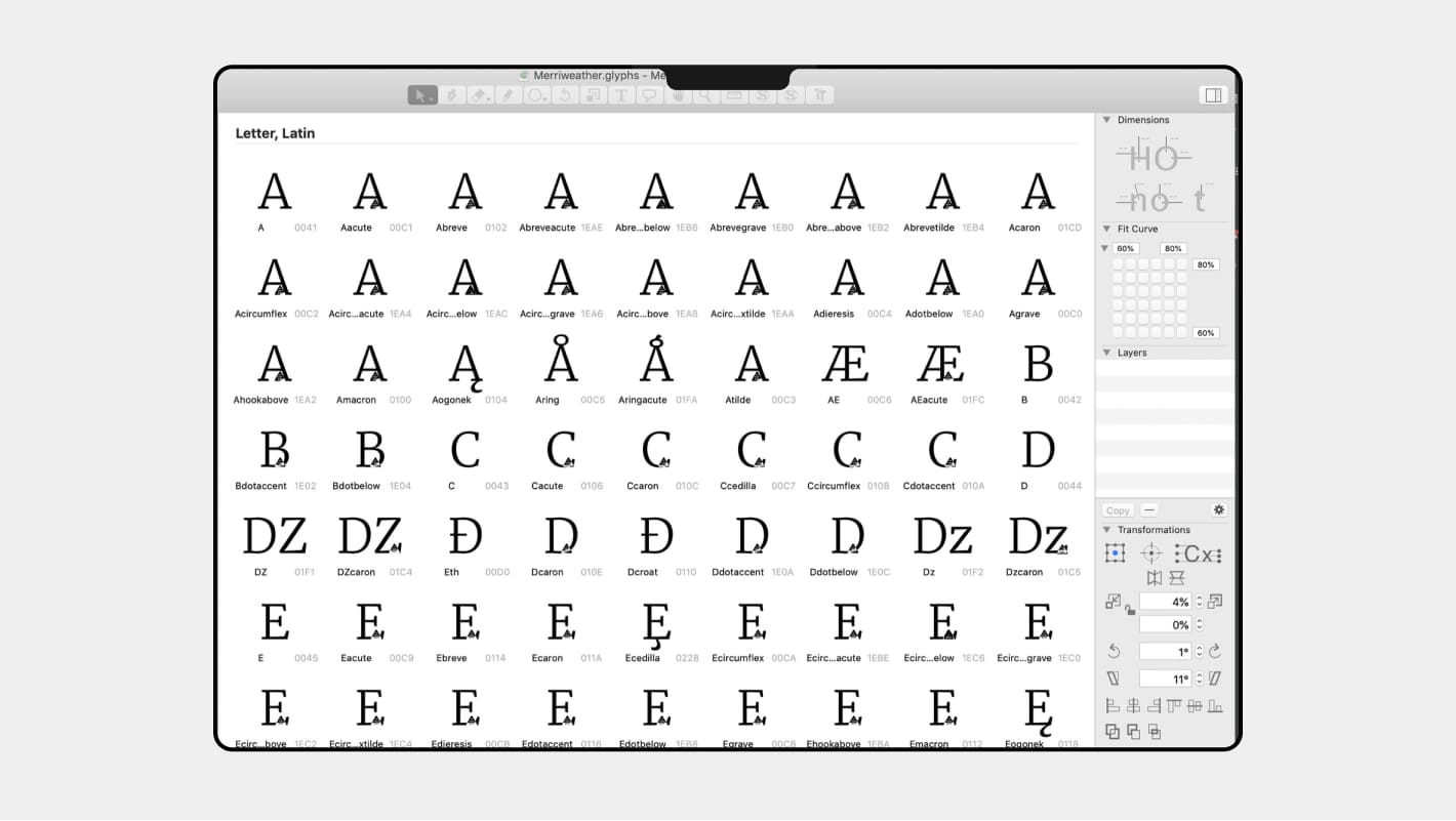 Интерфейс Glyphs