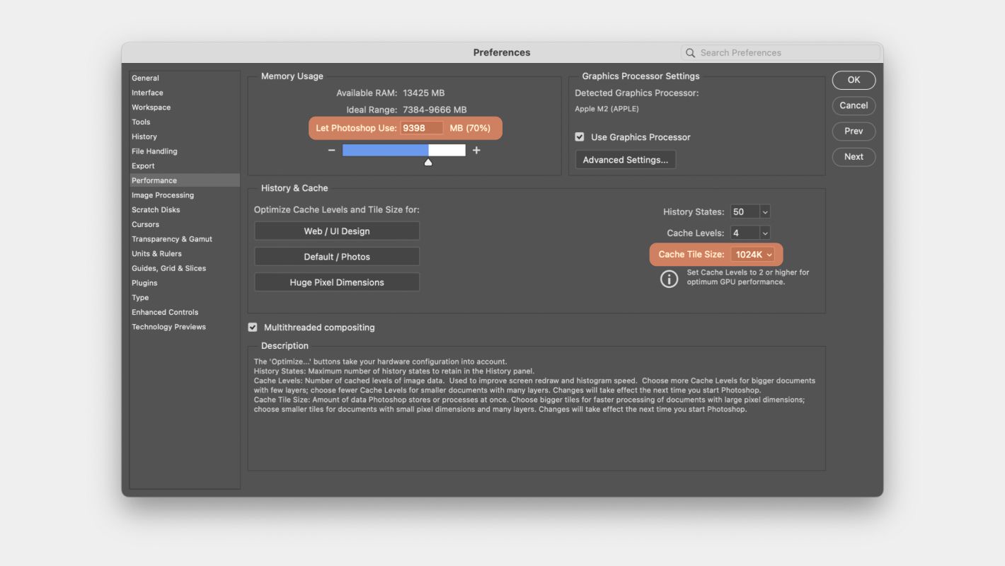 Память и кэш в Photoshop