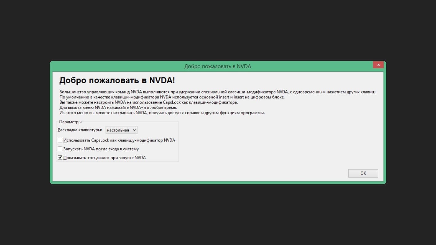 На изображении — интерфейс приветственного окна в скринридере NVDA.