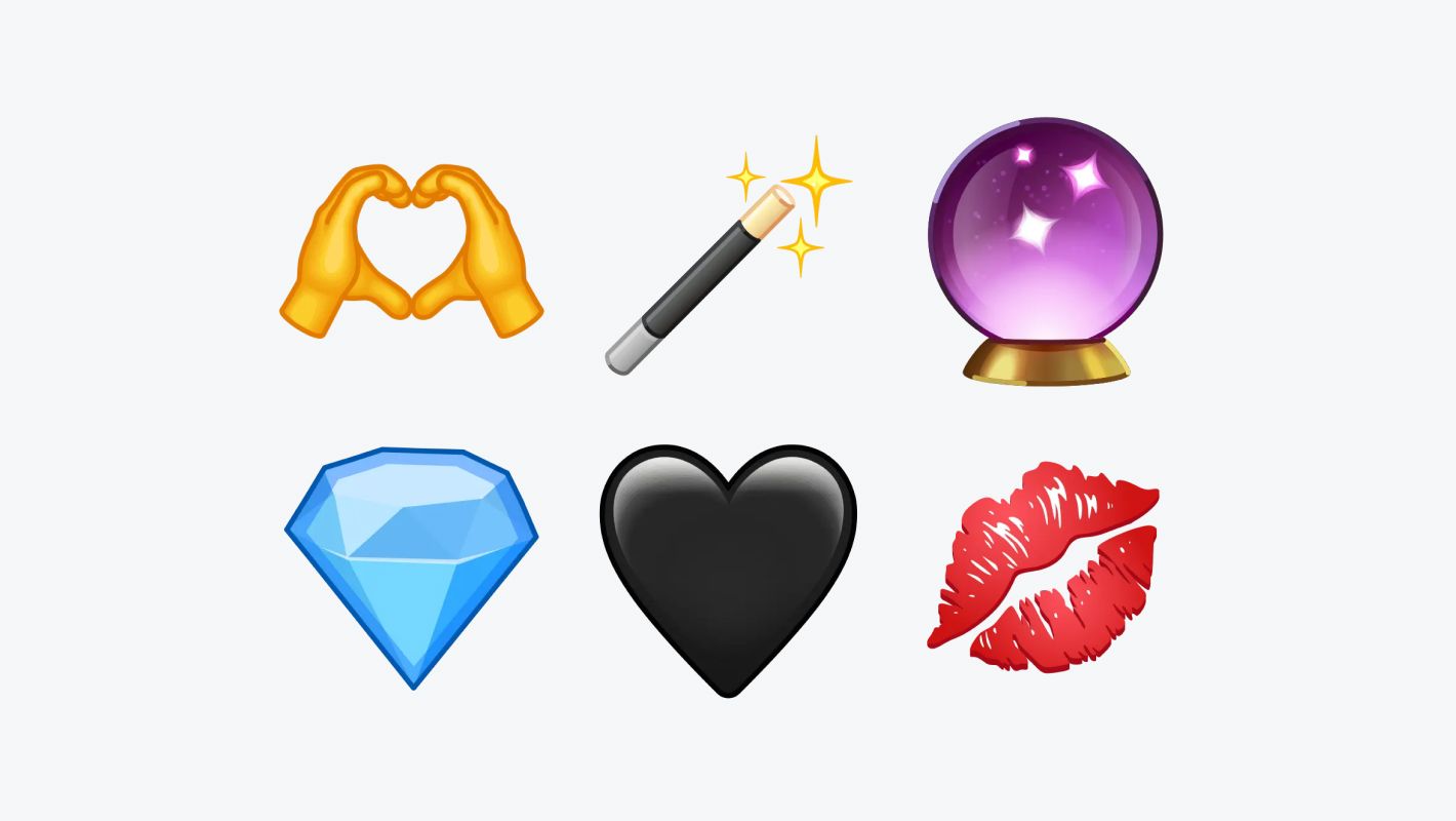 На картинке изображены шесть эмоджи. В верхнем ряду — эмоджи из рук сложенных в сердечко, волшебная палочка и магический шар. В нижнем ряду — эмоджи из алмаза, черного сердечка и поцелуй.